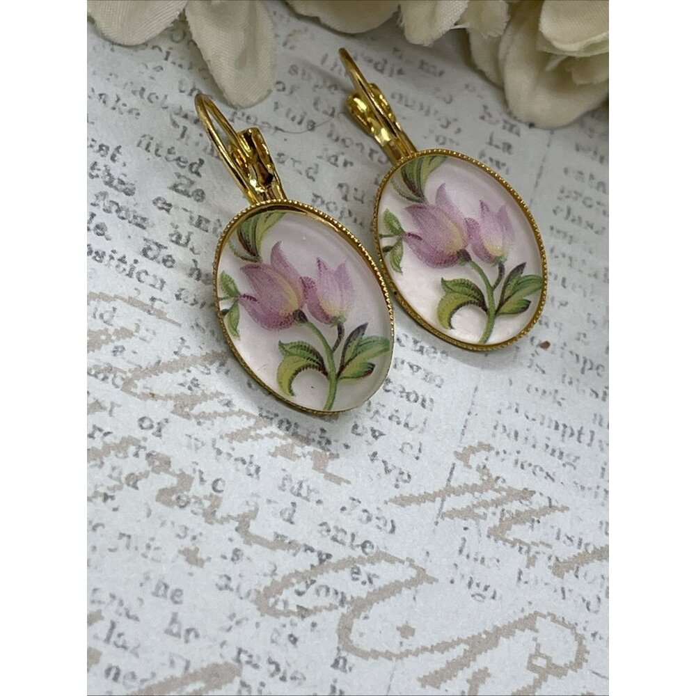 Frosted Pink Tulip Gold Boutique Wire Earrings Wedding Bridal Gift Birthday Wife - Picture 2 of 12